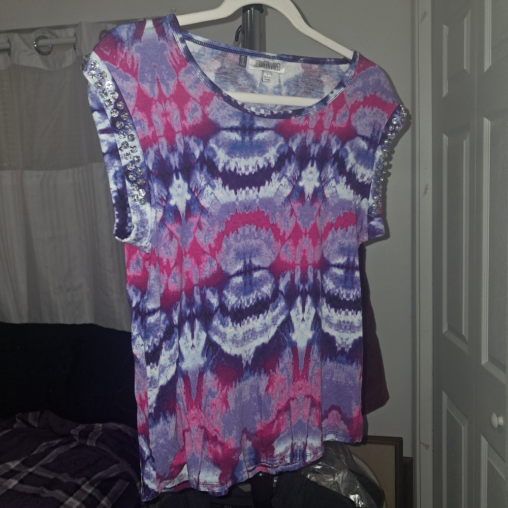 Jennifer Lopez. Tie-Dye Top with Embellished Sleeves